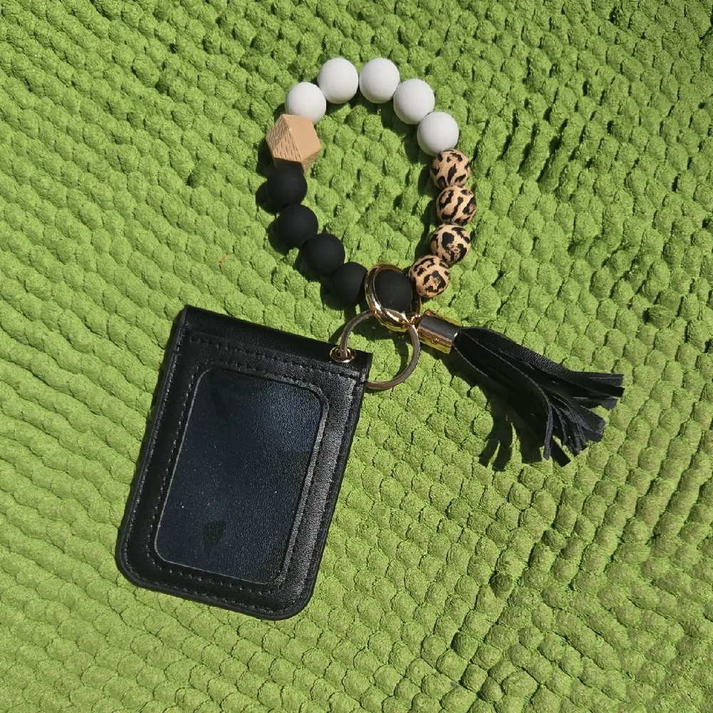 Black Cardholder Wristlet Keyring with Tassel and Beaded Strap